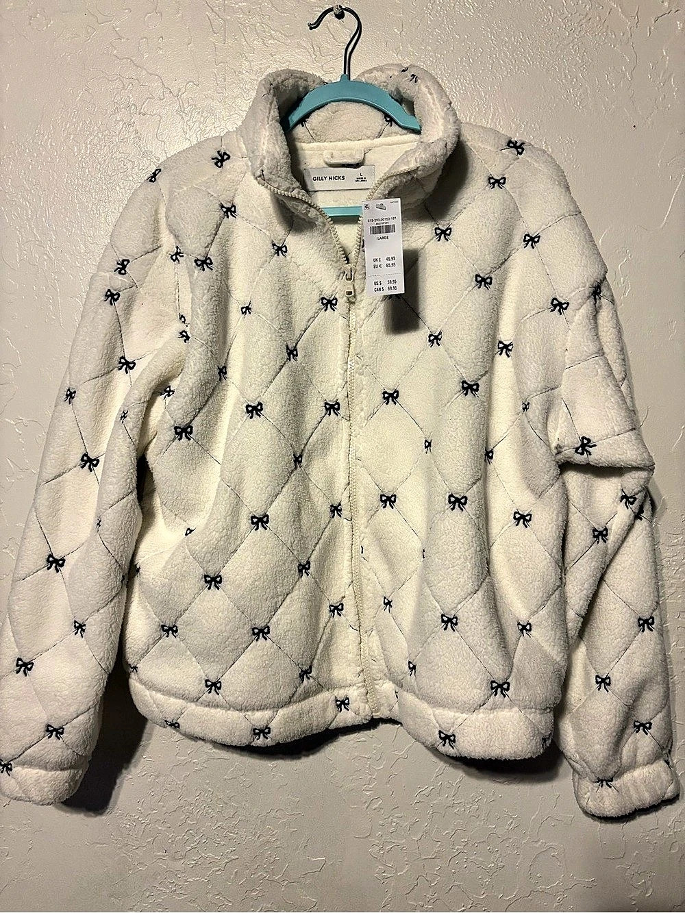 Gilly Hicks Embroidered Sherpa Zip-Up Sweatshirt Bow Jacket White & Black Large